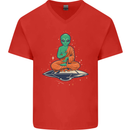 Meditating Alien UFO Yoga Mens V-Neck Cotton T-Shirt Red