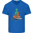 Meditating Alien UFO Yoga Mens V-Neck Cotton T-Shirt Royal Blue