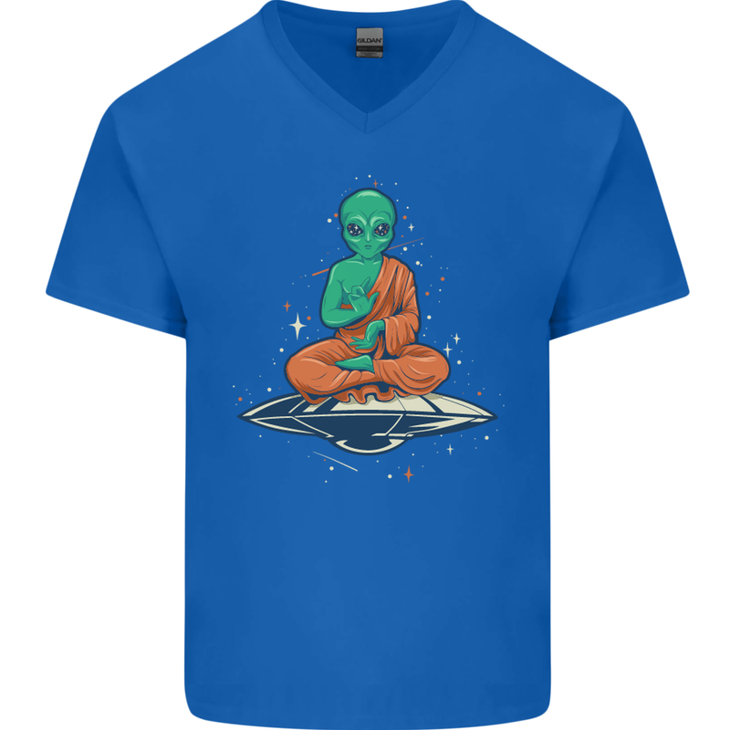 Meditating Alien UFO Yoga Mens V-Neck Cotton T-Shirt Royal Blue