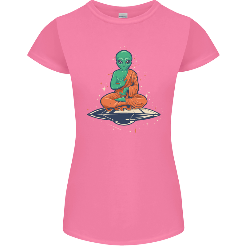Meditating Alien UFO Yoga Womens Petite Cut T-Shirt Azalea