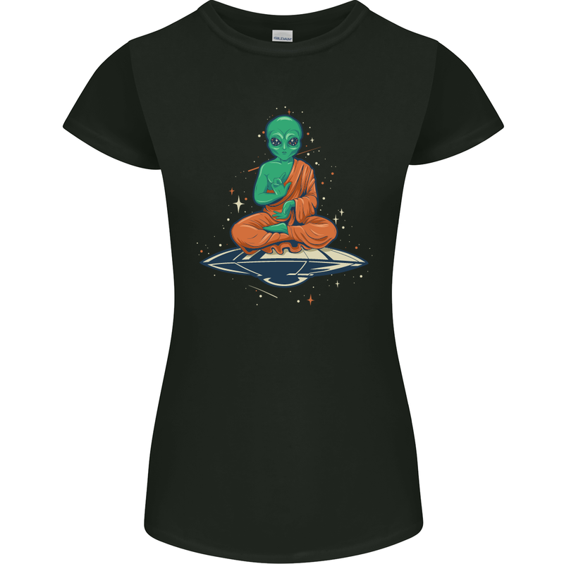 Meditating Alien UFO Yoga Womens Petite Cut T-Shirt Black