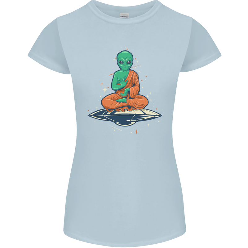 Meditating Alien UFO Yoga Womens Petite Cut T-Shirt Light Blue