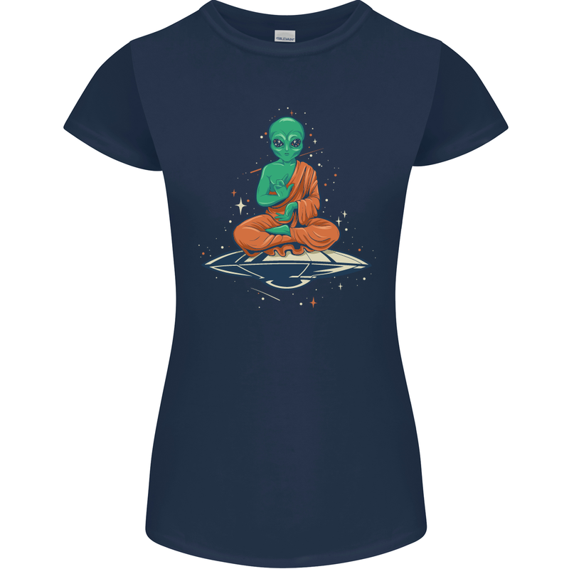 Meditating Alien UFO Yoga Womens Petite Cut T-Shirt Navy Blue