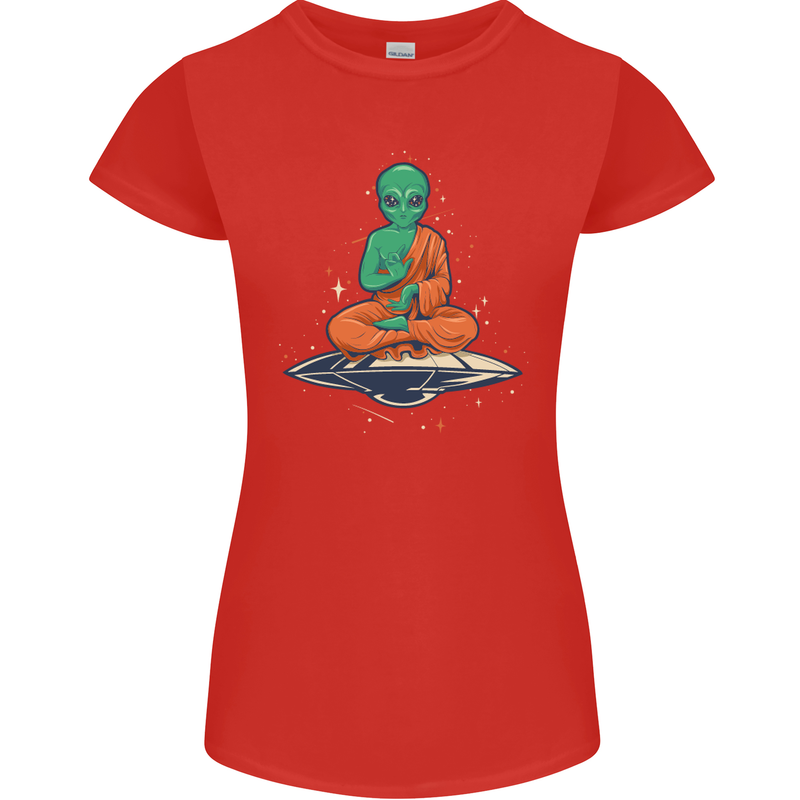 Meditating Alien UFO Yoga Womens Petite Cut T-Shirt Red