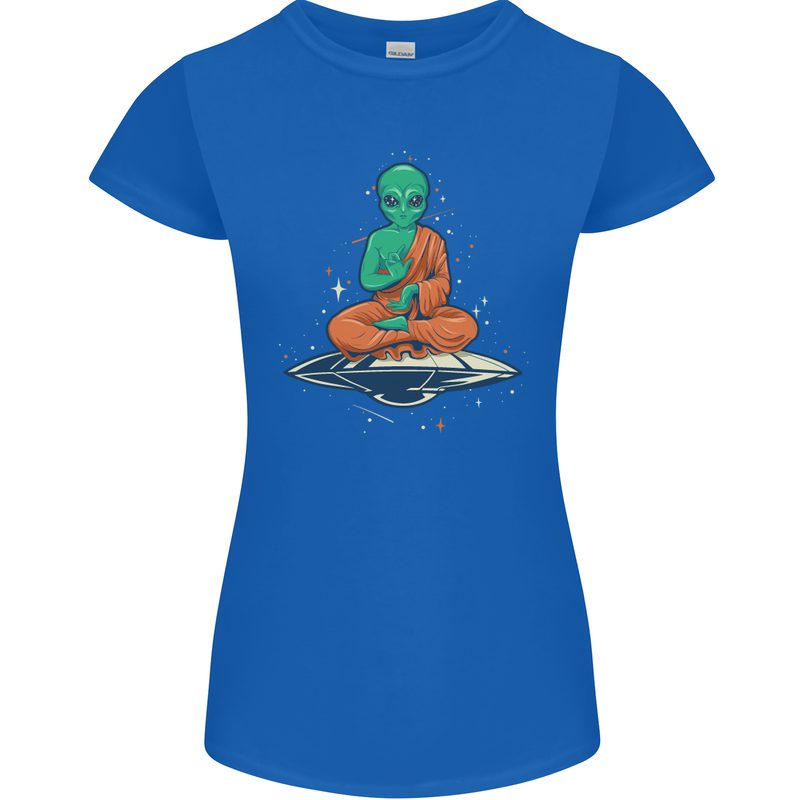 Meditating Alien UFO Yoga Womens Petite Cut T-Shirt Royal Blue