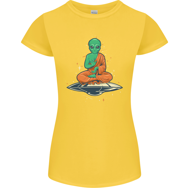 Meditating Alien UFO Yoga Womens Petite Cut T-Shirt Yellow