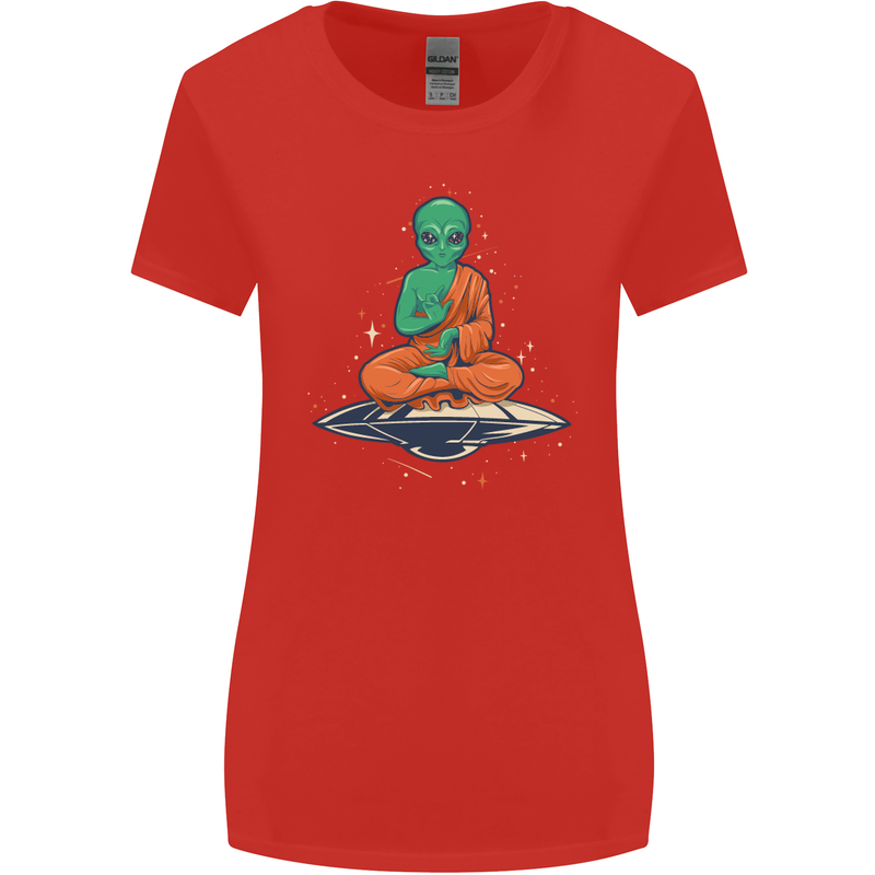 Meditating Alien UFO Yoga Womens Wider Cut T-Shirt Red