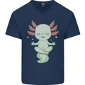 Meditating Axolot Yoga Spiritual Mens V-Neck Cotton T-Shirt Navy Blue