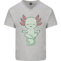 Meditating Axolot Yoga Spiritual Mens V-Neck Cotton T-Shirt Sports Grey