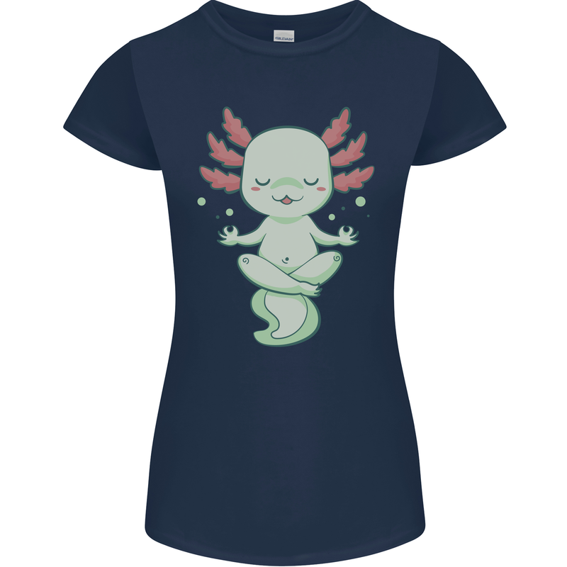 Meditating Axolot Yoga Spiritual Womens Petite Cut T-Shirt Navy Blue