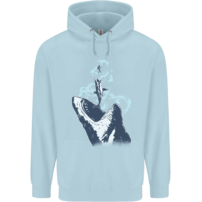 Megalodon v Great White Shark v Scuba Diver Childrens Kids Hoodie Light Blue