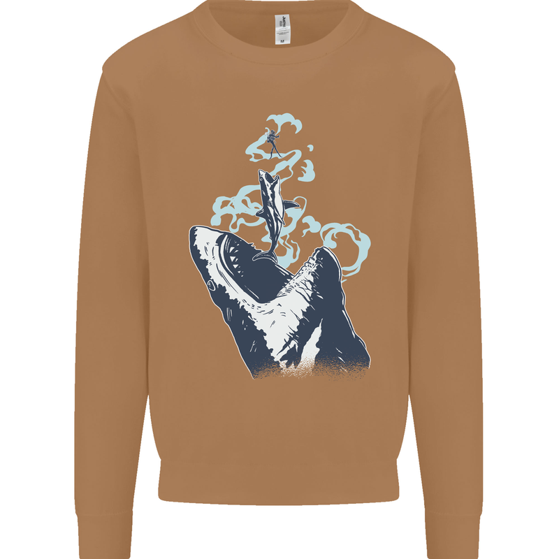 Megalodon v Great White Shark v Scuba Diver Mens Sweatshirt Jumper Caramel Latte