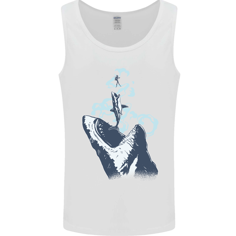 Megalodon v Great White Shark v Scuba Diver Mens Vest Tank Top White