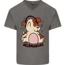 Melomaniac Dog Yoga Meditation Funny Mens V-Neck Cotton T-Shirt Charcoal