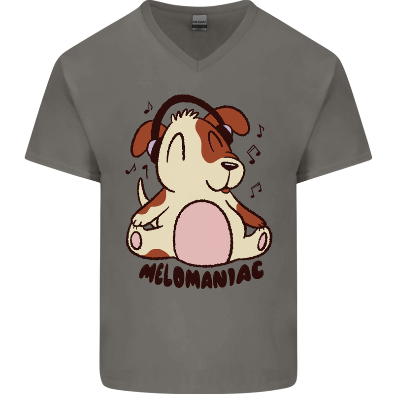 Melomaniac Dog Yoga Meditation Funny Mens V-Neck Cotton T-Shirt Charcoal