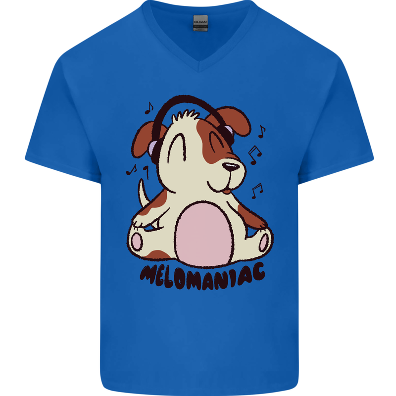 Melomaniac Dog Yoga Meditation Funny Mens V-Neck Cotton T-Shirt Royal Blue