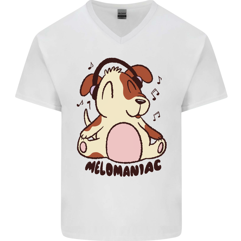 Melomaniac Dog Yoga Meditation Funny Mens V-Neck Cotton T-Shirt White