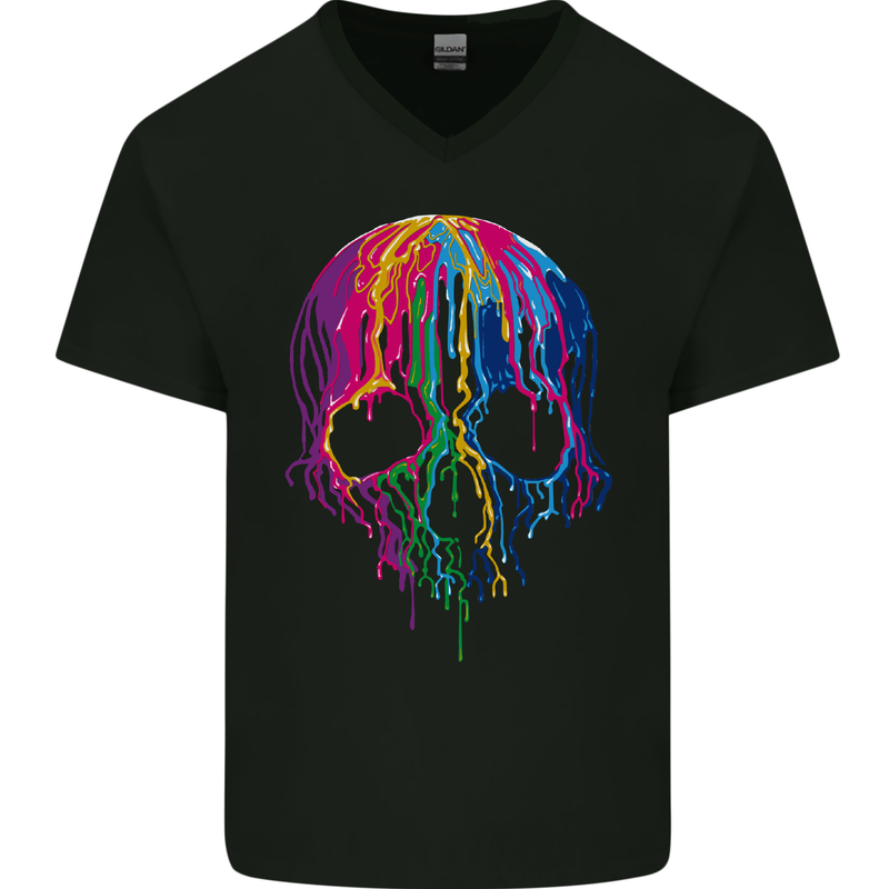 Melting Skull Biker Motorcycle Gothic Mens V-Neck Cotton T-Shirt Black