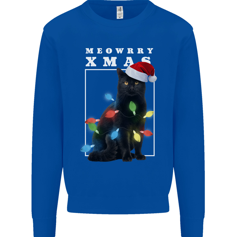 Meowy Christmas Tree Funny Cat Xmas Kids Sweatshirt Jumper Royal Blue
