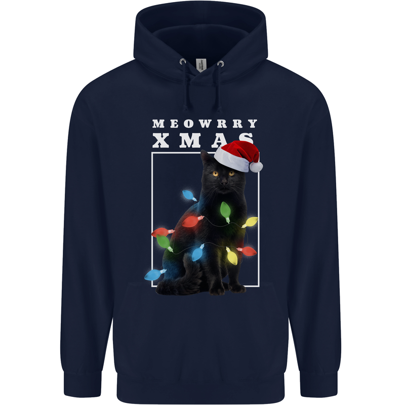 Meowy Christmas Tree Funny Cat Xmas Mens 80% Cotton Hoodie Navy Blue