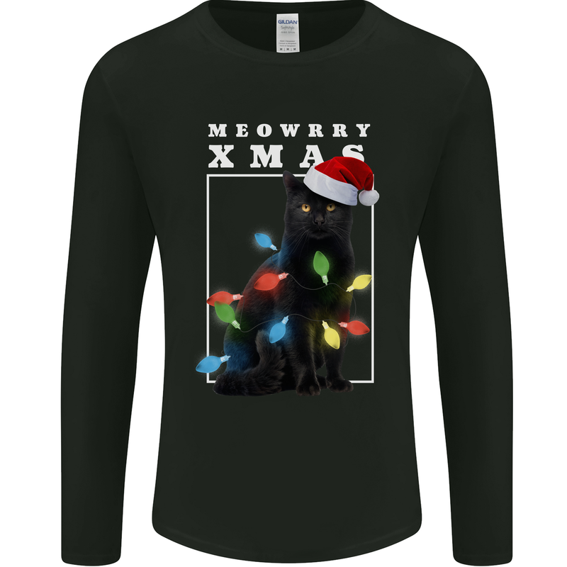 Meowy Christmas Tree Funny Cat Xmas Mens Long Sleeve T-Shirt Black
