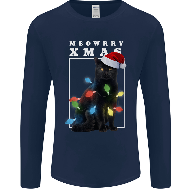 Meowy Christmas Tree Funny Cat Xmas Mens Long Sleeve T-Shirt Navy Blue