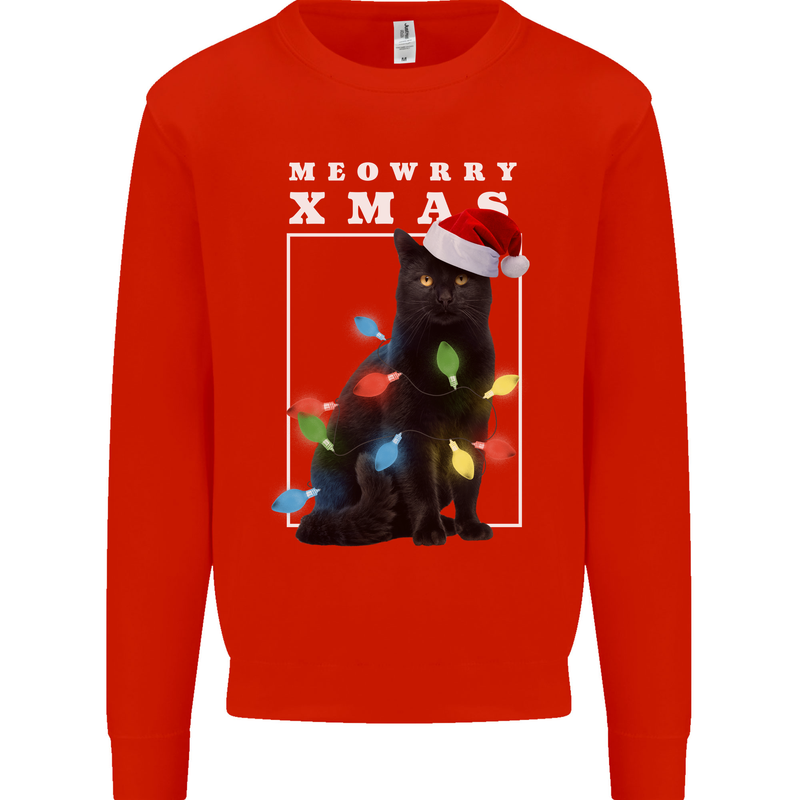 Meowy Christmas Tree Funny Cat Xmas Mens Sweatshirt Jumper Bright Red