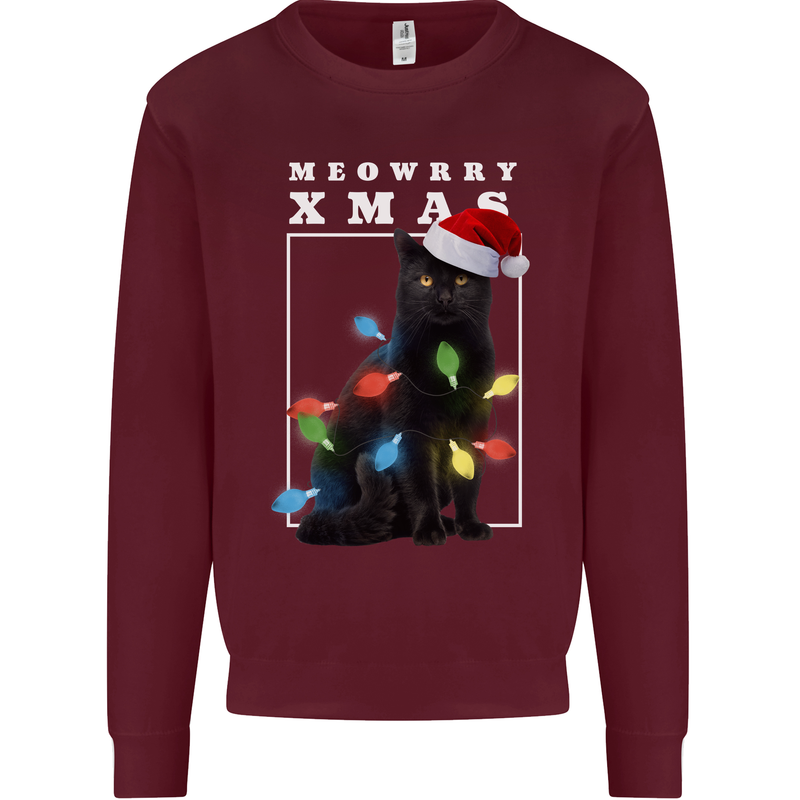 Meowy Christmas Tree Funny Cat Xmas Mens Sweatshirt Jumper Maroon