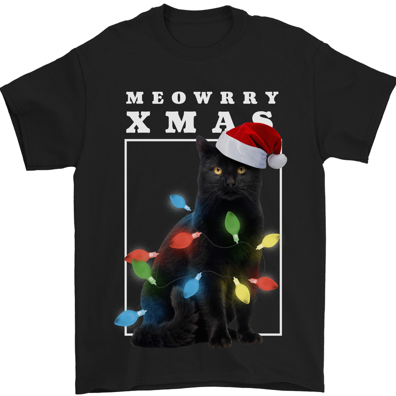 Meowy Christmas Tree Funny Cat Xmas Mens T-Shirt 100% Cotton Black