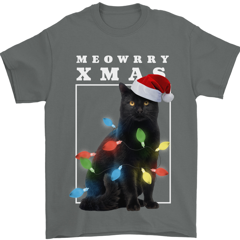 Meowy Christmas Tree Funny Cat Xmas Mens T-Shirt 100% Cotton Charcoal