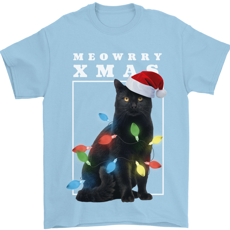 Meowy Christmas Tree Funny Cat Xmas Mens T-Shirt 100% Cotton Light Blue
