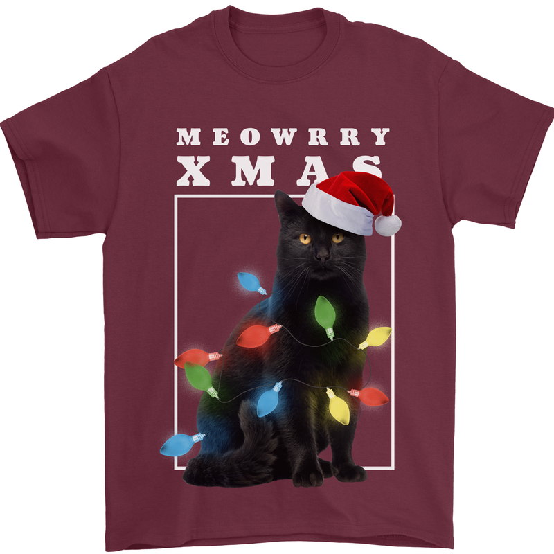 Meowy Christmas Tree Funny Cat Xmas Mens T-Shirt 100% Cotton Maroon
