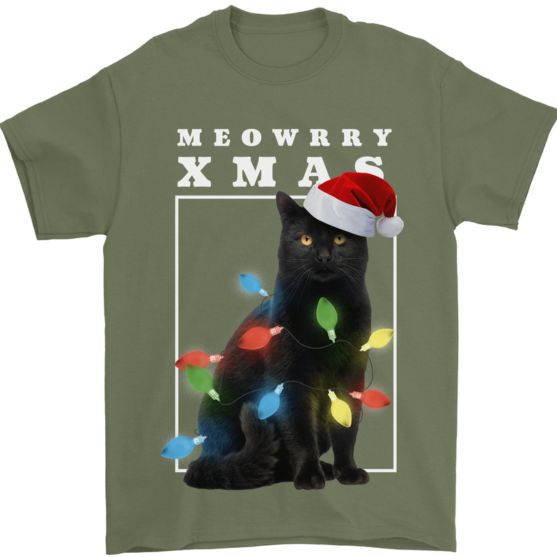 Meowy Christmas Tree Funny Cat Xmas Mens T-Shirt 100% Cotton Military Green