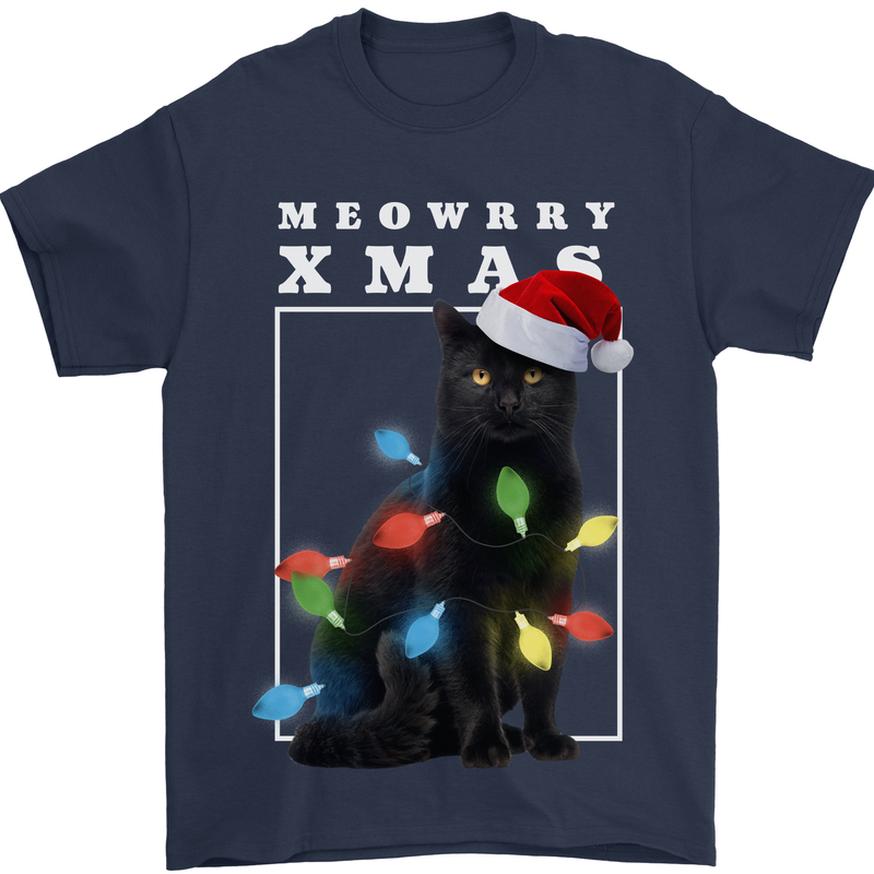 Meowy Christmas Tree Funny Cat Xmas Mens T-Shirt 100% Cotton Navy Blue