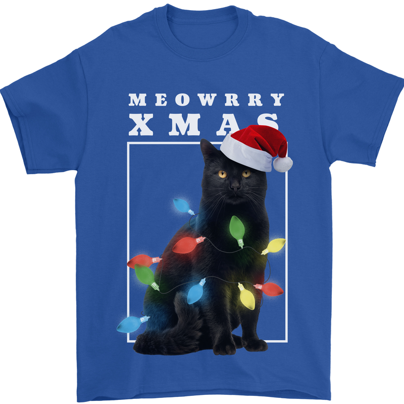 Meowy Christmas Tree Funny Cat Xmas Mens T-Shirt 100% Cotton Royal Blue