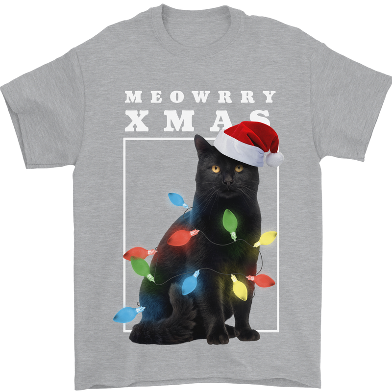 Meowy Christmas Tree Funny Cat Xmas Mens T-Shirt 100% Cotton Sports Grey