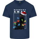 Meowy Christmas Tree Funny Cat Xmas Mens V-Neck Cotton T-Shirt Navy Blue