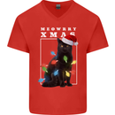 Meowy Christmas Tree Funny Cat Xmas Mens V-Neck Cotton T-Shirt Red