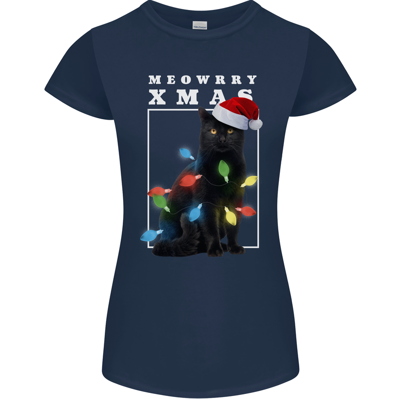 Meowy Christmas Tree Funny Cat Xmas Womens Petite Cut T-Shirt Navy Blue