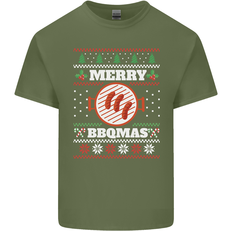 Merry BBQMAS Funny Christmas BBQ Xmas Mens Cotton T-Shirt Tee Top Military Green