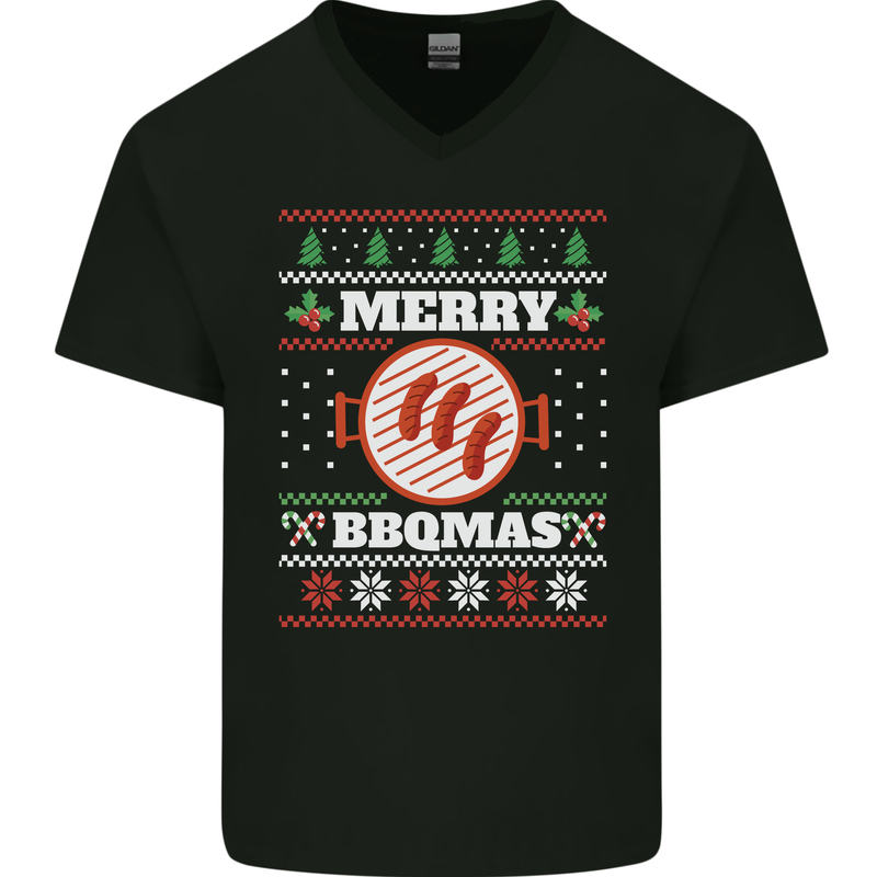 Merry BBQMAS Funny Christmas BBQ Xmas Mens V-Neck Cotton T-Shirt Black