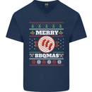 Merry BBQMAS Funny Christmas BBQ Xmas Mens V-Neck Cotton T-Shirt Navy Blue