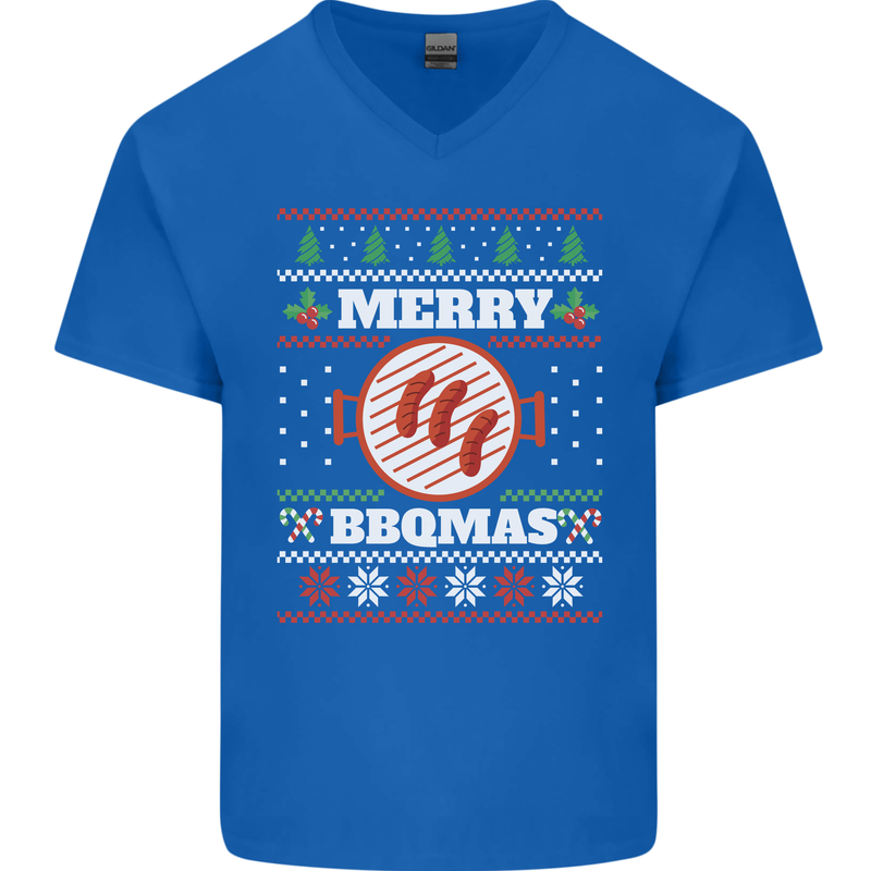Merry BBQMAS Funny Christmas BBQ Xmas Mens V-Neck Cotton T-Shirt Royal Blue