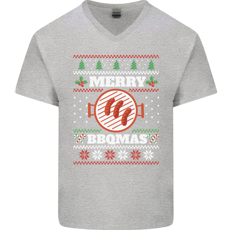 Merry BBQMAS Funny Christmas BBQ Xmas Mens V-Neck Cotton T-Shirt Sports Grey
