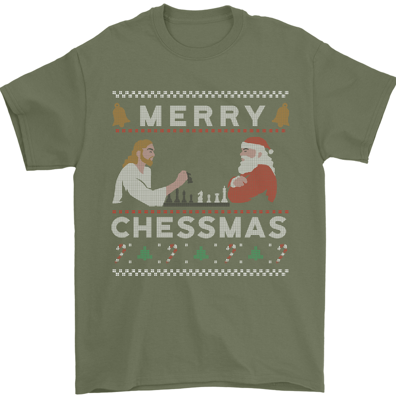 Merry Chessmass Funny Chess Player Mens T-Shirt Cotton Gildan Military Green