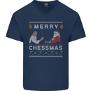 Merry Chessmass Funny Chess Player Mens V-Neck Cotton T-Shirt Navy Blue