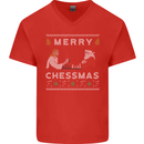 Merry Chessmass Funny Chess Player Mens V-Neck Cotton T-Shirt Red