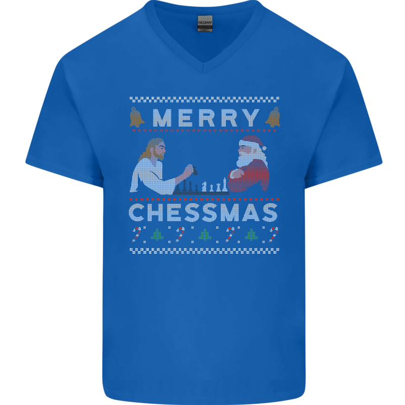 Merry Chessmass Funny Chess Player Mens V-Neck Cotton T-Shirt Royal Blue