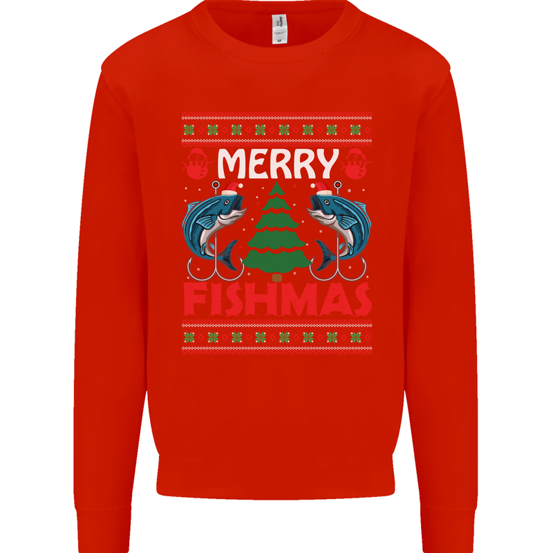 Merry Fishmas Funny Christmas Fishing Kids Sweatshirt Jumper Bright Red