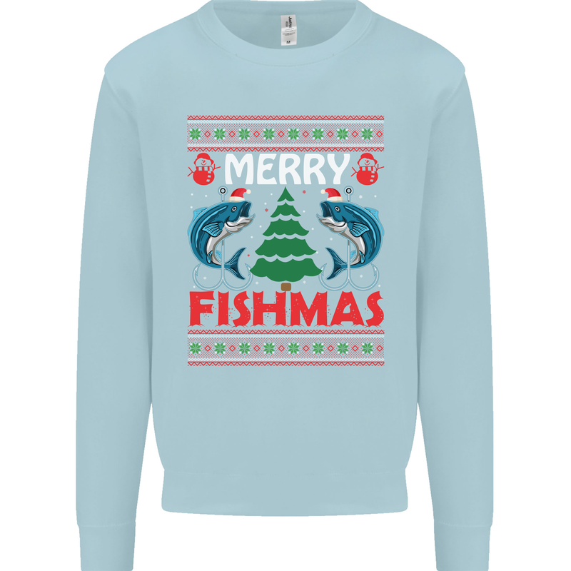 Merry Fishmas Funny Christmas Fishing Kids Sweatshirt Jumper Light Blue